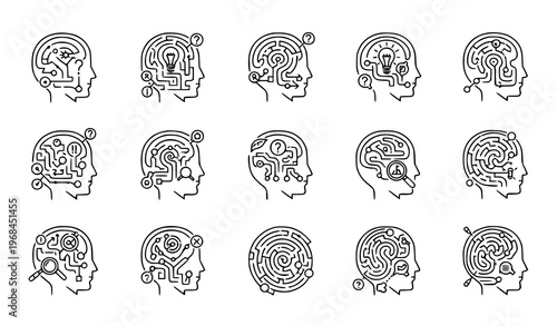 A collection of black line art illustrations depicting human head profiles with intricate maze and circuit board designs inside the brains representing creativity and intelligence