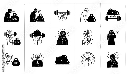 A collection of 16 black and white vector illustrations depicting people experiencing pain and discomfort while exercising with weights and dumbbells in a flat minimal style