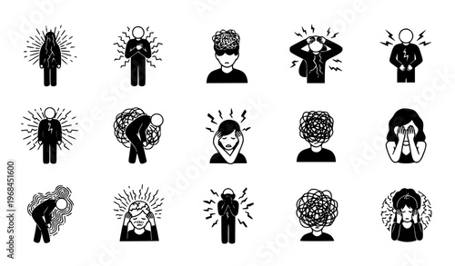 A set of minimalist vector icons depicting people experiencing various emotions and mental states in a flat design style with a white background
