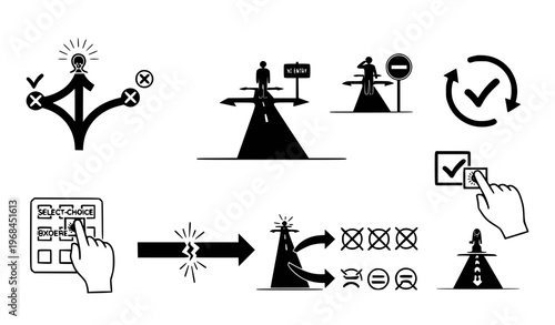 A collection of black and white vector icons depicting various concepts of decision making and correction