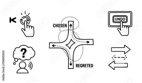 A set of vector graphic icons illustrating decision making and regret with a chosen path and an undo option