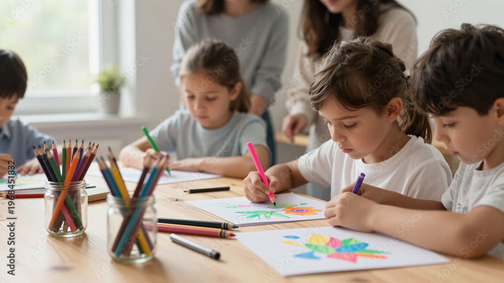Fototapeta premium Kids color pictures at a table during an art class.