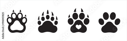 Four black paw prints with claws and one with heart on white background vector illustration for design.