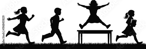 Children silhouettes running and jumping over bench with books, playful school kids outdoor activity, education concept illustration isolated on white background, joyful childhood lifestyle scene