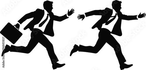 Businessman running with briefcase silhouette set representing urgency, deadline pressure, corporate hustle, career ambition and fast paced professional lifestyle isolated on white background