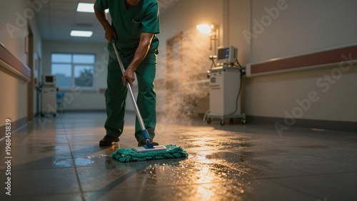 A janitor in green scrubs mops a wet hospital corridor floor with medical equipment nearby.