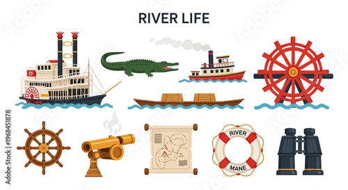 River Life and Transportation Icons Set.