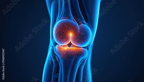 Knee Joint Anatomy Illustration with Pain Indication, Medical Visualization, Blue and Orange Color Scheme