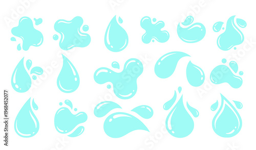 A vector graphic illustration of various teal water droplet shapes and designs on a transparent background