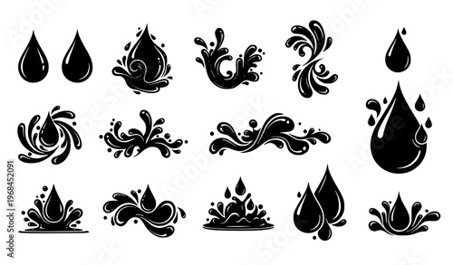 A set of black and white vector graphics featuring various stylized water droplet and splash designs on a plain white background