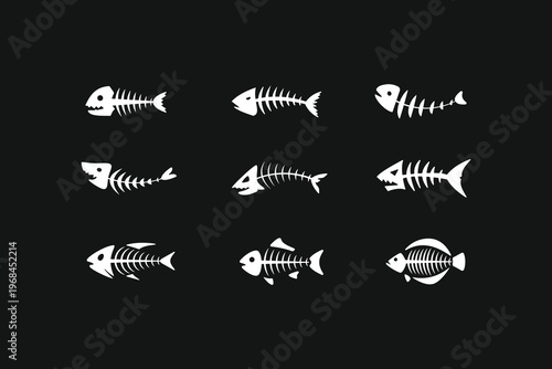 White fish skeletons float against a dark background. Simple design highlights skeletal structure with clean lines. Each bone outline shows different fish forms and orientations