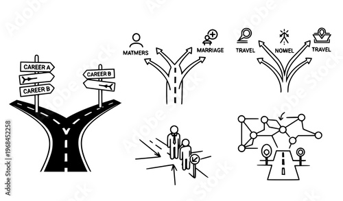 A vector graphic illustration depicting various life path choices and decisions with road signs and people icons on a white background