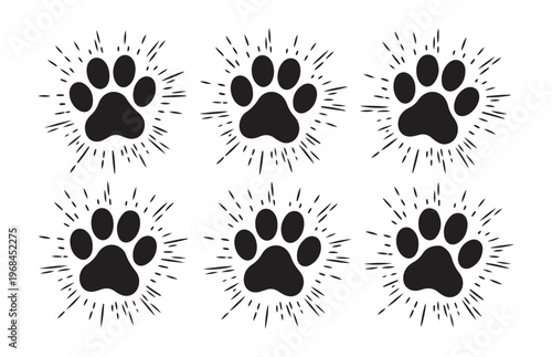 Paw prints with radiating lines vector design element collection for pet related projects and branding.