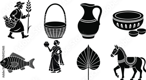 Pohela Boishakh Bengali New Year Traditional Folk Culture Icons Set with Village Farmer Pottery Basket Fish Horse and Leaf Silhouettes