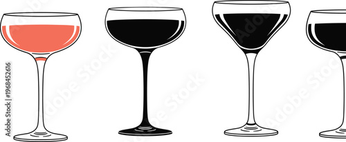 Elegant hand drawn cocktail glass icons set featuring champagne coupe and martini glassware silhouettes with liquid details for bar menu design and celebration projects