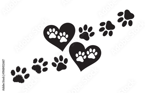 Decorative pattern of black paw prints and heart shapes on white background creating a trail isolated vector.