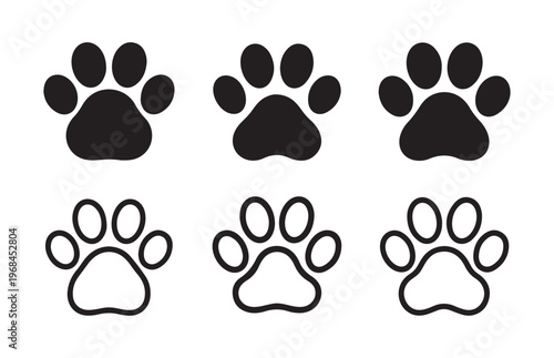 Paw print set of six dog or cat track icons isolated on white background with solid and outline animal styles.
