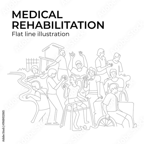 medical rehabilitation team with disability people flat line illustration