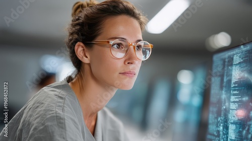 Thoughtful woman wearing glasses focused on computer screen in modern office, analyzing data trends, deep in concentration, technology environment