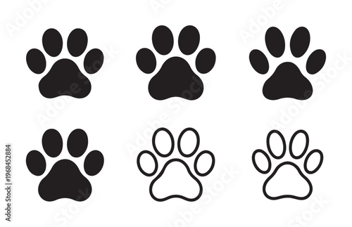 Paw print set of six dog or cat track icons isolated on white background with solid and outline animal styles.
