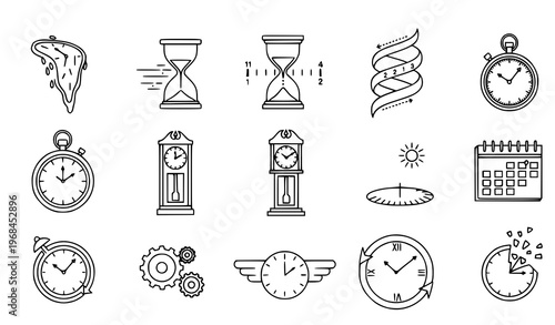 A collection of black and white line art icons depicting various time and schedule related symbols including clocks watches calendars and hourglasses on a white background