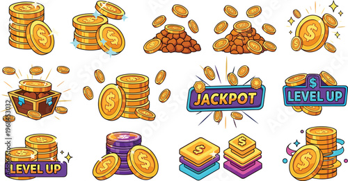 Casino Jackpot and Gold Coins Vector Set Featuring Money Stacks Treasure Chest Level Up Rewards Game Elements in Bright Cartoon Style Isolated on White Background