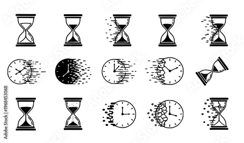 A collection of minimalist vector icons featuring hourglasses and clocks with various time-related effects and distortions on a clean white background
