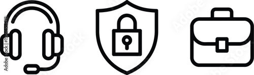 Business service icons set, collection of vector symbols including headset for support shield for security and briefcase representing professional office and corporate services.