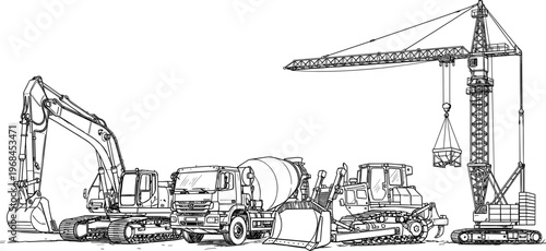 Detailed construction machinery illustration featuring excavator, crane, bulldozer and concrete mixer truck in black line art style isolated for industrial engineering design