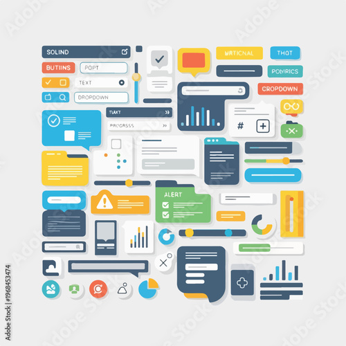 Colorful, geometric graphic with UI/UX design elements and simple icons