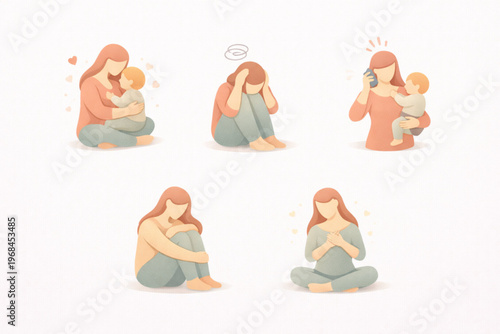Motherhood Mental Health Icon Set Symbolizing Emotional Balance and Daily Struggles