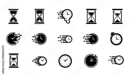 A set of black and white vector icons depicting various clock and hourglass designs with motion blur on a plain white background