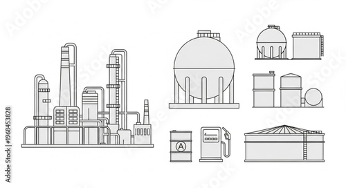 Industrial Plant and Storage Tanks Sketch Illustration.