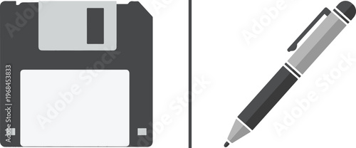 A minimalist vector graphic featuring a grey floppy disk icon on the left and a stylized ballpoint pen icon on the right, both depicted in a flat, monochromatic design.