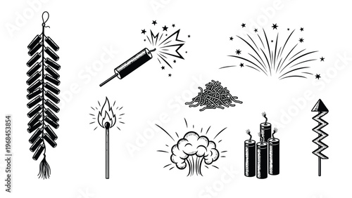 Set of black and white firecrackers and fireworks illustrations.