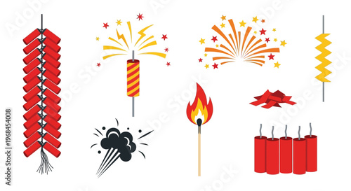 Chinese new year firecrackers and fireworks collection for holiday celebration design.