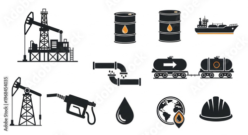 Oil Industry Icons - Pumpjacks, Barrels, Pipelines, and Transportation.