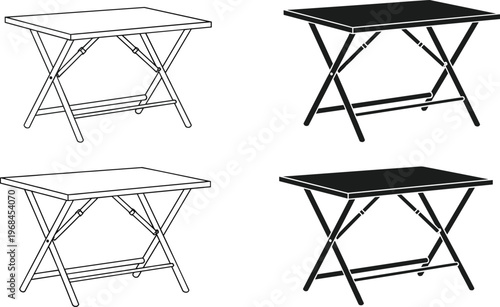Folding table vector illustration set with outline and solid styles, portable furniture design, collapsible desk concept, isolated on white background, practical home equipment