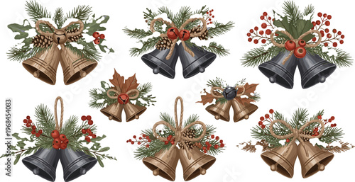 Christmas bell arrangements vector set featuring pine branches holly berries festive decorations winter holiday ornaments and elegant seasonal compositions