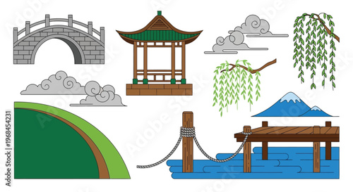 Asian traditional architecture and nature elements vector set, including a bridge, gazebo, mountains, willow tree branch, pier, and clouds.