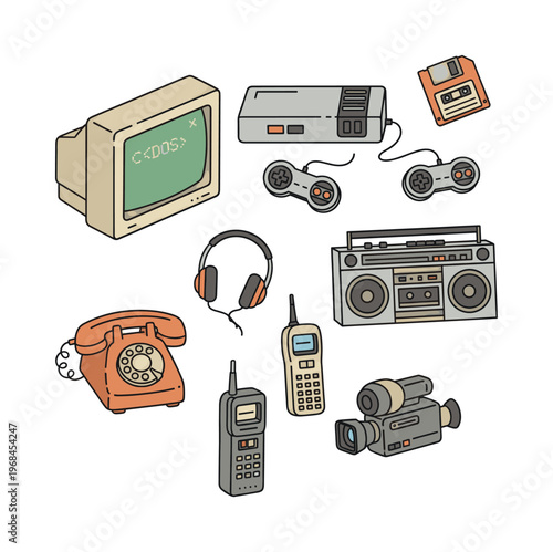 Collection of vintage electronics and obsolete technology. Objects include old computer monitor, game console, rotary phone, and early cell phones