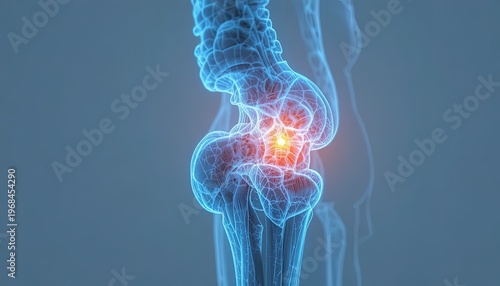 Digital Render of a Hip Joint with Highlighted Pain Area, Medical Visualization for Educational Purposes