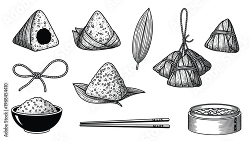 Duanwu festival food vector set, featuring various zongzi, loose rice, bamboo leaf, chopsticks, and dim sum steamer.