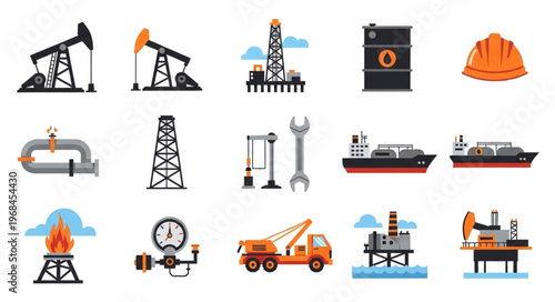 Oil and Gas Industry Icons - Rigs, Pipelines, and Safety Gear.