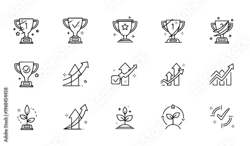 A collection of black and white vector icons depicting trophies and growth symbols in a minimalist line art style on a white background