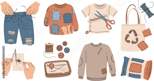 Clothing repair and upcycling vector set featuring patchwork denim sweater mending sewing tools sustainable fashion and textile recycling concepts