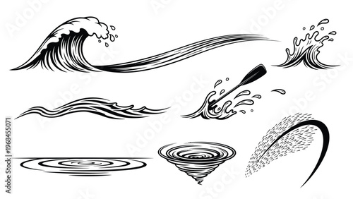 Collection of ocean waves and water splash icons in vintage woodcut engraving style.