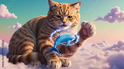 Giant ginger tabby cat observing blue cetacean flying among pastel clouds