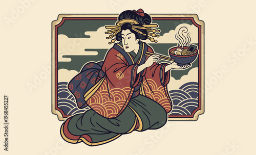 Geisha with Ramen: An Illustration of Geisha enjoying a bowl of steaming ramen, blending the elegance of Japanese culture with culinary pleasure.