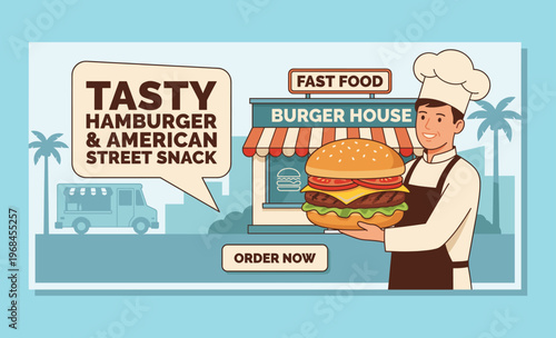 Burger House Delight: A cheerful chef proudly presents a delectable, freshly made hamburger, advertising delicious American street food. The inviting storefront promises a tasty experience. 